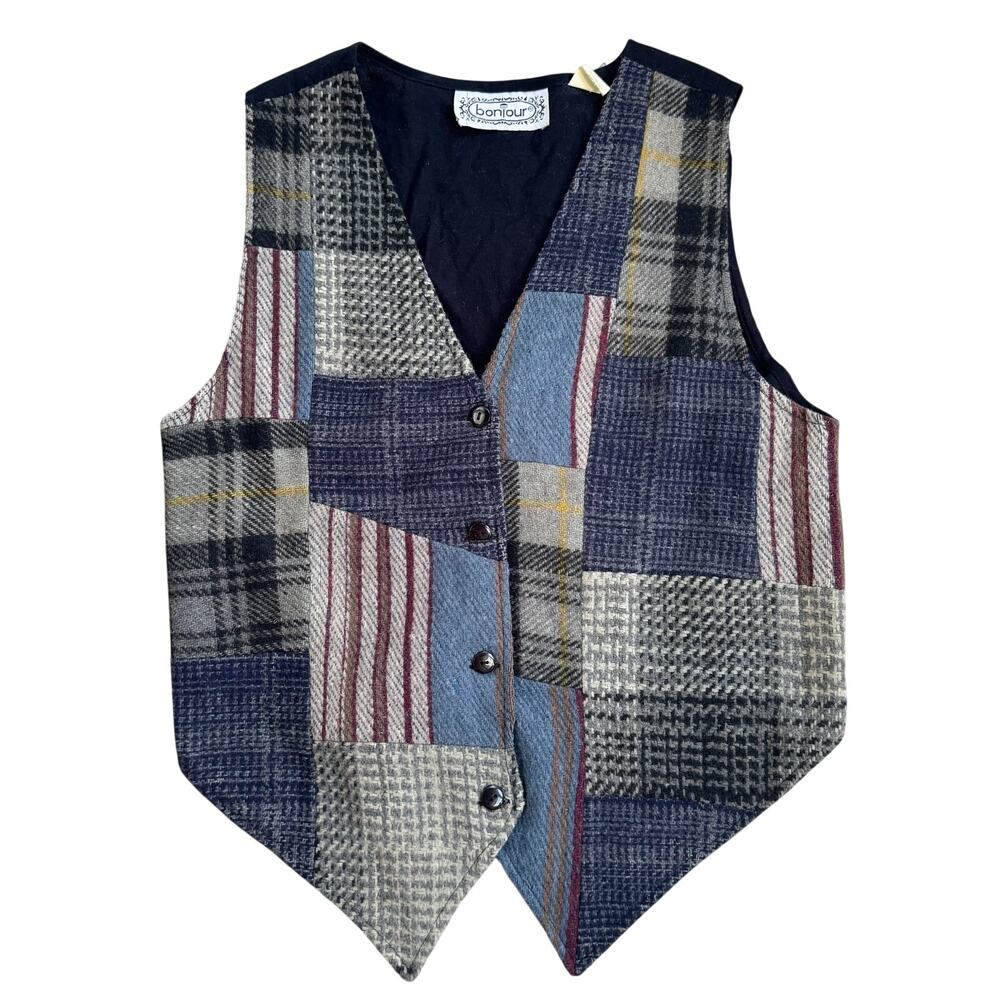 Vtg 1980s Bonjour Wool Patchwork Vest Size Medium